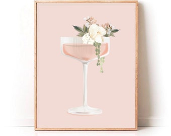 Champagne Art Print, Minimal Cocktail Artwork, Pink Art Print, Wine Wall Art, Drink Decor, Bar Cart Art, Girl Home Decor