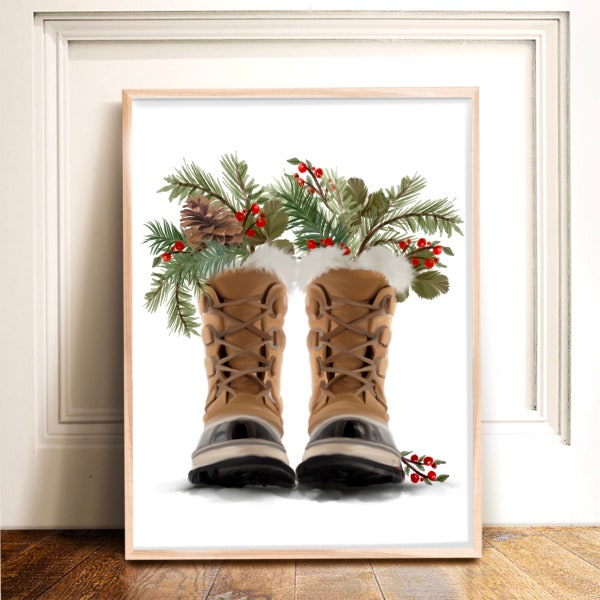 Christmas Boots Art Print, Christmas Art Print, Holiday Artwork, Christmas Wall Decor, Farmhouse Christmas Home Decor