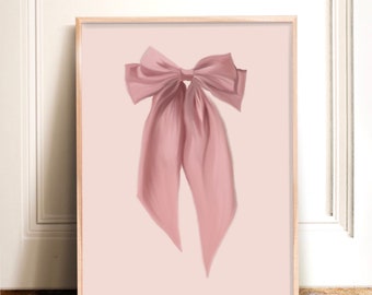 Pink Bow Art Print, Minimal Nursery Artwork, Pink Art Print, Girl Room Wall Art, Corquette Style Decor, Balletcore Art, Vintage Home Decor