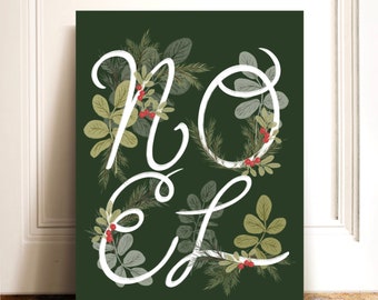 Christmas Noel Art Print, Floral Christmas Art Print, Holiday Artwork, Christmas Wall Decor, Christmas Botanical Home Decor