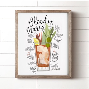 Bloody Mary Print, Bloody Mary Recipe, Bar Art, Wedding Drink, Cocktail Artwork, Bloody Mary Cocktail, Drink Recipe Wall Art Home Decor