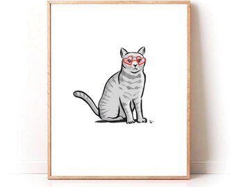 Cat Valentine Love Print, Minimal Valentine Artwork, Red Heart Art Print, Love Wall Art, Pet Decor, Cute Kitten Art, Cat Home Decor