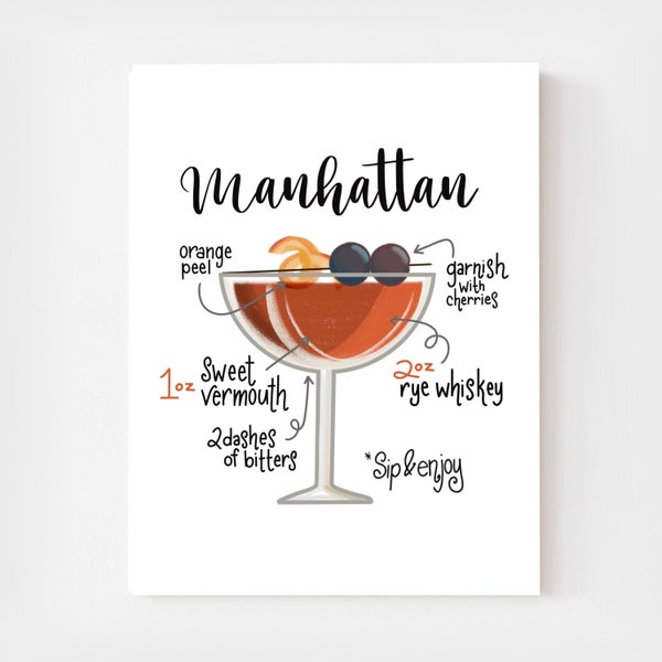 Manhattan Cocktail Drink Print, Art Print Recipe, Classic Cocktai Art, Wedding Drink, Cocktail Artwork, Manhattan Cocktail, Drink Recipe Art