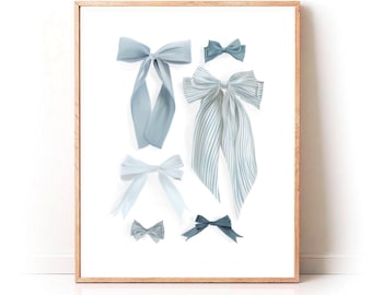 Blue Bow Art Print, Minimal Nursery Artwork, Blue Art Print, Girl Room Wall Art, Corquette Style Decor, Baby blue Art, Bow Home Decor