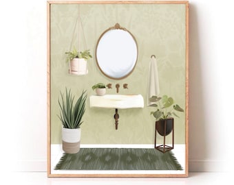 Boho Bathroom Art Print, Vintage Bathroom Artwork, Green Art Print, Cottagecore Wall Art, Statement Bathroom Decor, Retro Home Decor