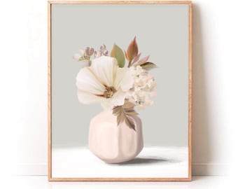 Blush Pink Rose Art, Vintage Wall Art, Muted Neutral Decor, Farmhouse Wall Art, Physical Print, Flowers in Vase, Cottage Core Style