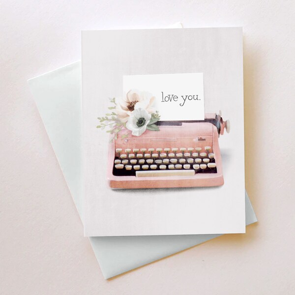 Vintage Typewriter Card, Love Greeting Card, Pink Typewriter, Pink Notecard, Blank Note Card, Love You Card