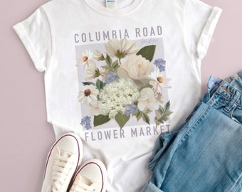 Columbia Road Flower Market Tshirt, Wildflower Tee, Botanical Shirt, White Shirt, Vintage Poster Wildflowers, Unisex Tee, London Graphic Tee