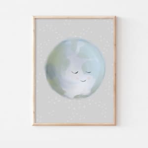 Little Earth Print, Neutral Nursery Artwork, Stars and Moon Nursery Art Print, Planet Baby Nursery Wall Art, Sky Nursery Home Decor