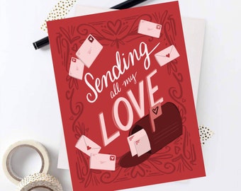 Sending All My Love Card, Valentine Mailbox Notecard, Red Valentine Card, Valentine Cards, Valentines Day Card
