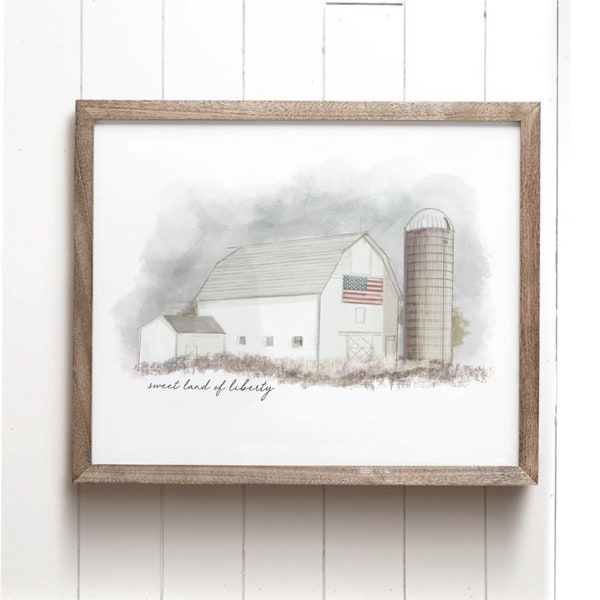White Barn Art Farmhouse Home Decor Watercolor Style American Flag Rural Country Barn Rustic Charm Cottage Artwork Wall Gallery Print