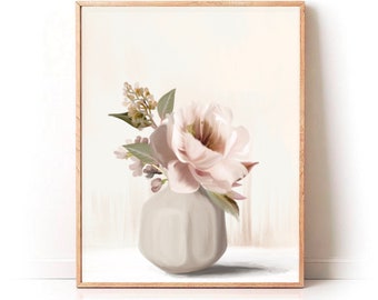 Blush Pink Peony Art, Vintage Wall Art, Muted Neutral Decor, Farmhouse Wall Art, Physical Print, Flowers in Vase, Cottage Core Style