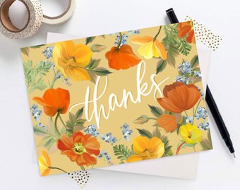 Yellow Poppy Thank You Card, Thanks Card, Gratitude Card, Yellow Floral Thank You Card, Red and Yellow Poppies, Blank Greeting Card