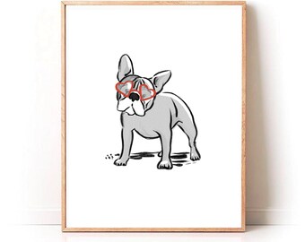 Frenchie Love Print, Minimal Valentine Artwork, Red Heart Art Print, Love Wall Art, Pet Decor, French Bulldog Art, Dog Home Decor