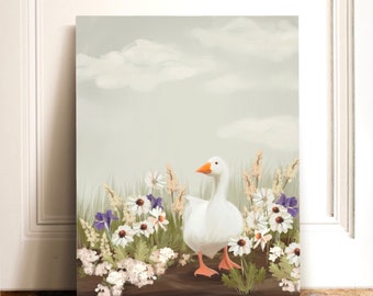 Goose in the Garden Art Print, Goose Themed Nursery, Vintage Inspired Art, Flower Garden, Geese Artwork, Gallery Wall Art, Home Decor