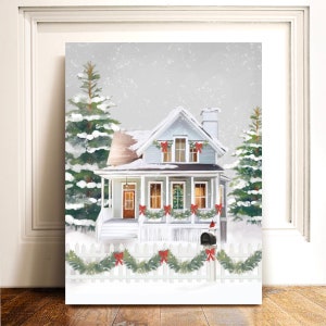 Winter Christmas House Art Print, Christmas Art Print, Holiday Artwork, Christmas Wall Decor, Farmhouse Christmas Home Decor