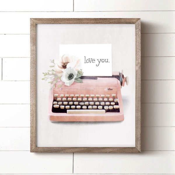 Blush Pink Typewriter Print, Flower Art, Love You Art Print, Anemone Flower Artwork, Gallery Wall Art, Home Decor