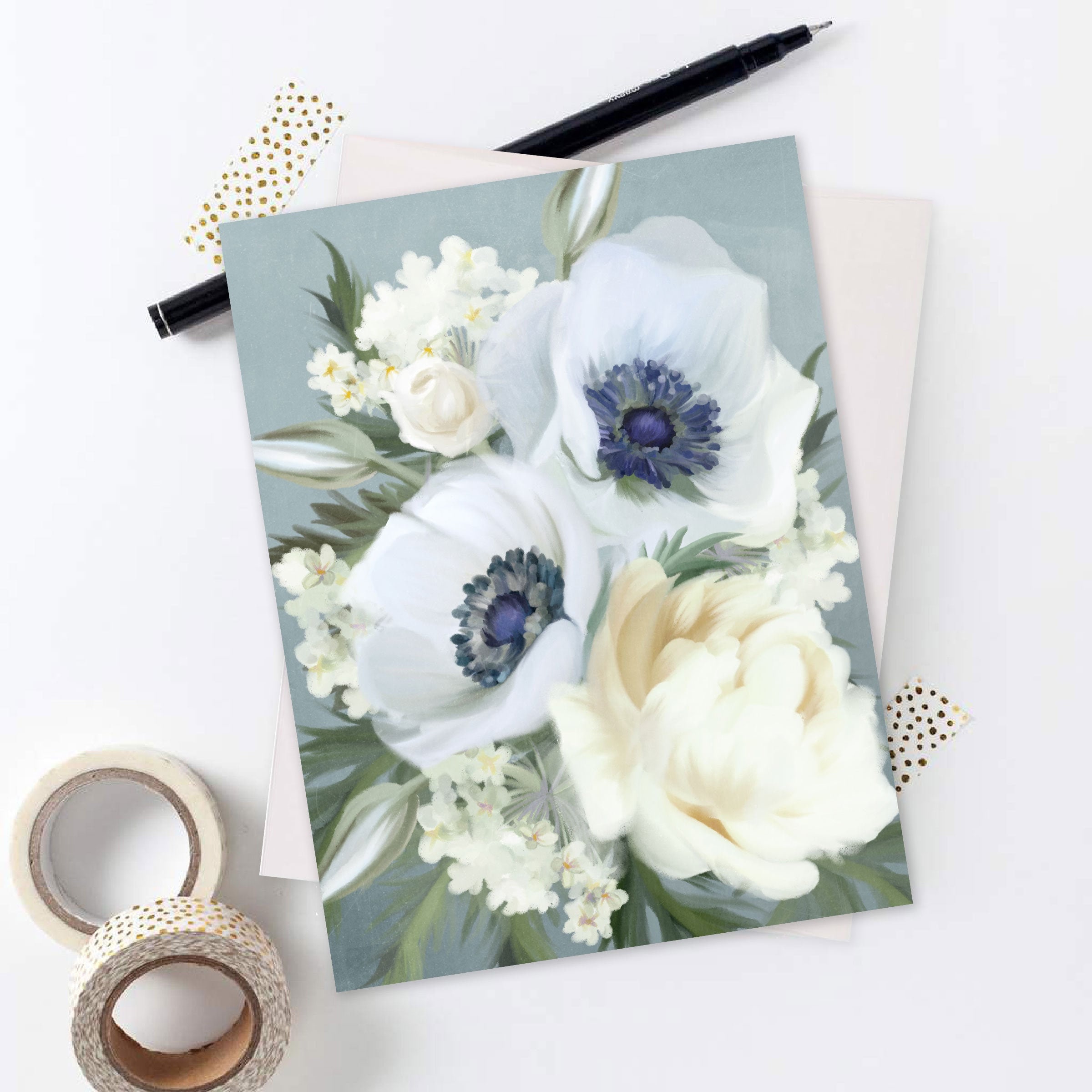 Blue Embossed Floral Notecard & Envelope Set of 2 Blank Cards Paper & Party Supplies Greeting