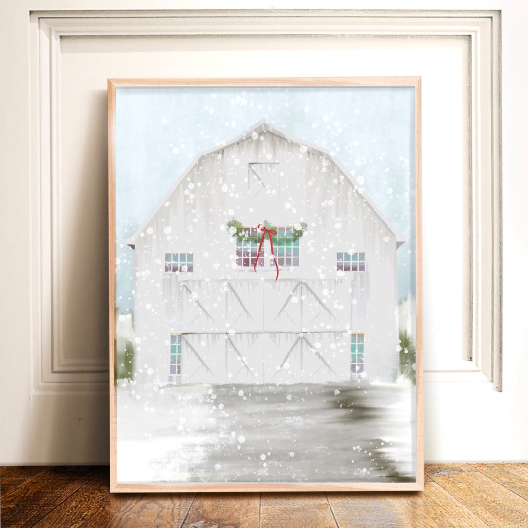 White Christmas Barn Art Print, Christmas Art Print, Holiday Artwork