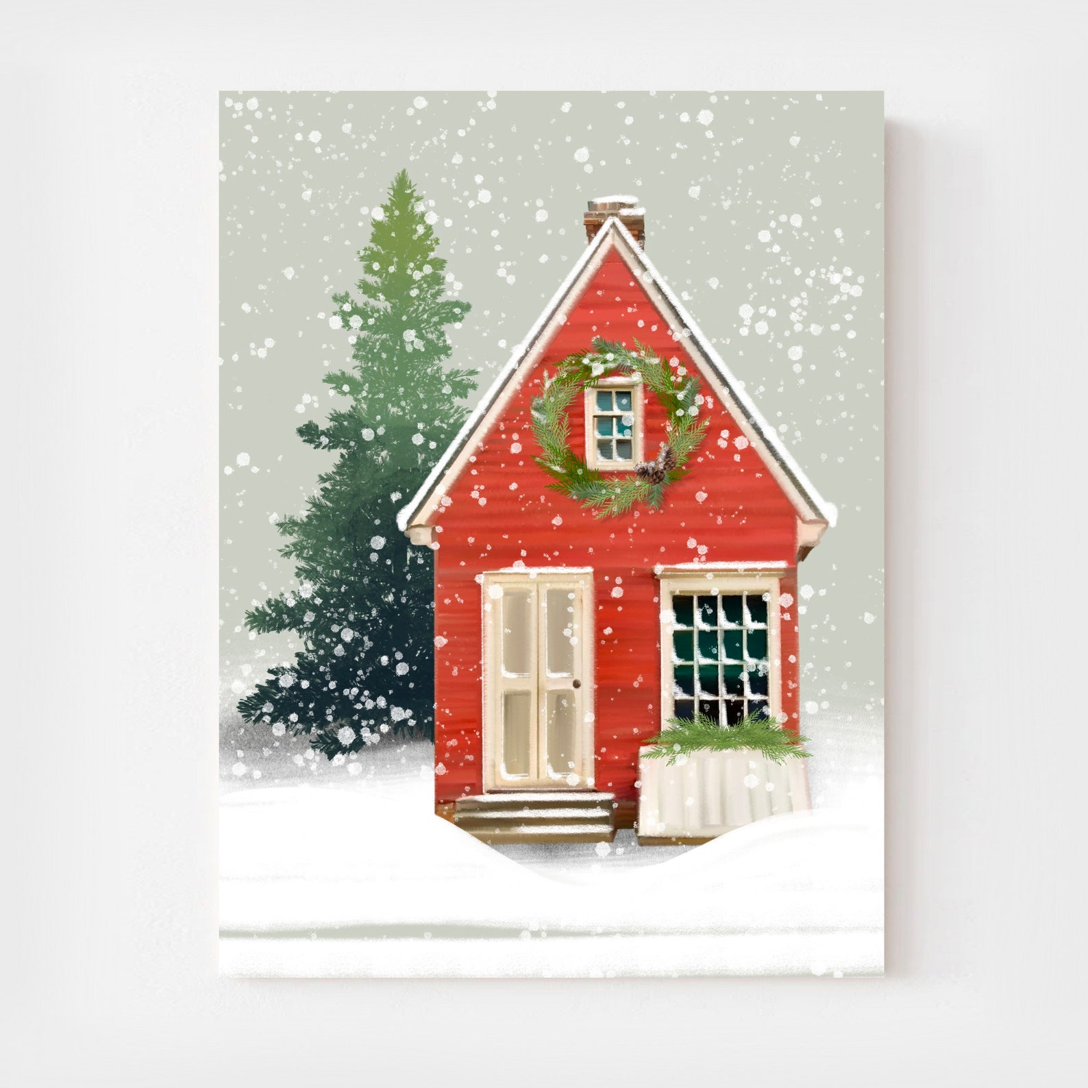 Red Christmas House Art Print Christmas Art Print Holiday Etsy