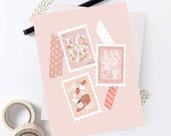 Sending Love Card, Valentine Card, Valentines for Her, Love Card, Blank Inside, Postage Stamp Notecard, Pink Valentine Card