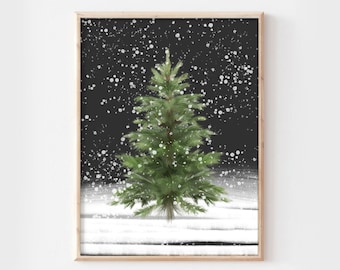 Snowy Evergreen at Night Landscape Print, Christmas Tree Art Print, Winter Pine Trees Artwork, Minimalist Wall Decor, Landscape Home Decor