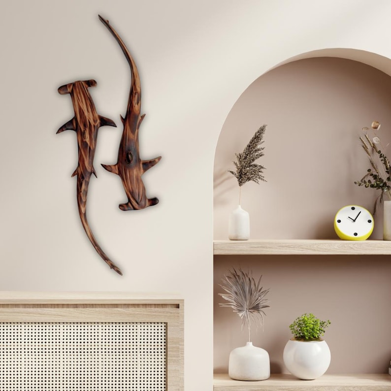 Handcrafted Wooden Hammerhead Shark Sculptures | Reclaimed Wood Wall Art | Eco-Friendly Marine Decor