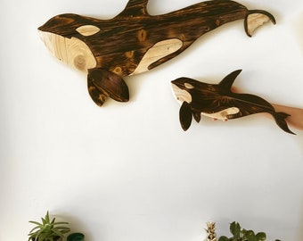 Wood Art / Reclaimed Wood / Orcas / Mother and Calf Killer Whale / Wood Decor / Recycled Wood / Home Decor / Sustainable Handmade Sculpture