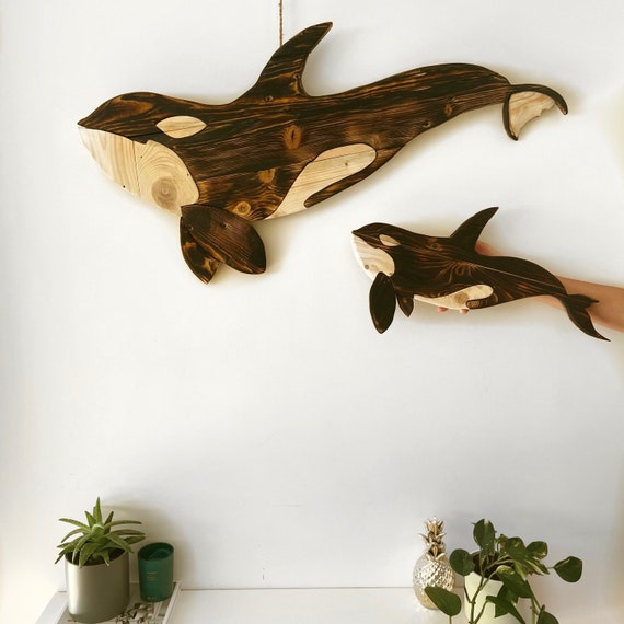 Reclaimed Wood Orca Wall Art: Handmade Mother and Calf Sculpture