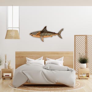 Handcrafted Wooden Great White Shark Sculpture | Reclaimed Wood Ocean Decor | Eco-Friendly Handmade Wall Art | Unique Home Sculpture