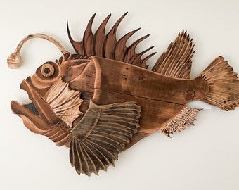 Rika The Anglerfish / Wood Art / Reclaimed Wood / Wood Wall Art / Recycled Wood / Home Decor / Sustainable Handmade Sculpture