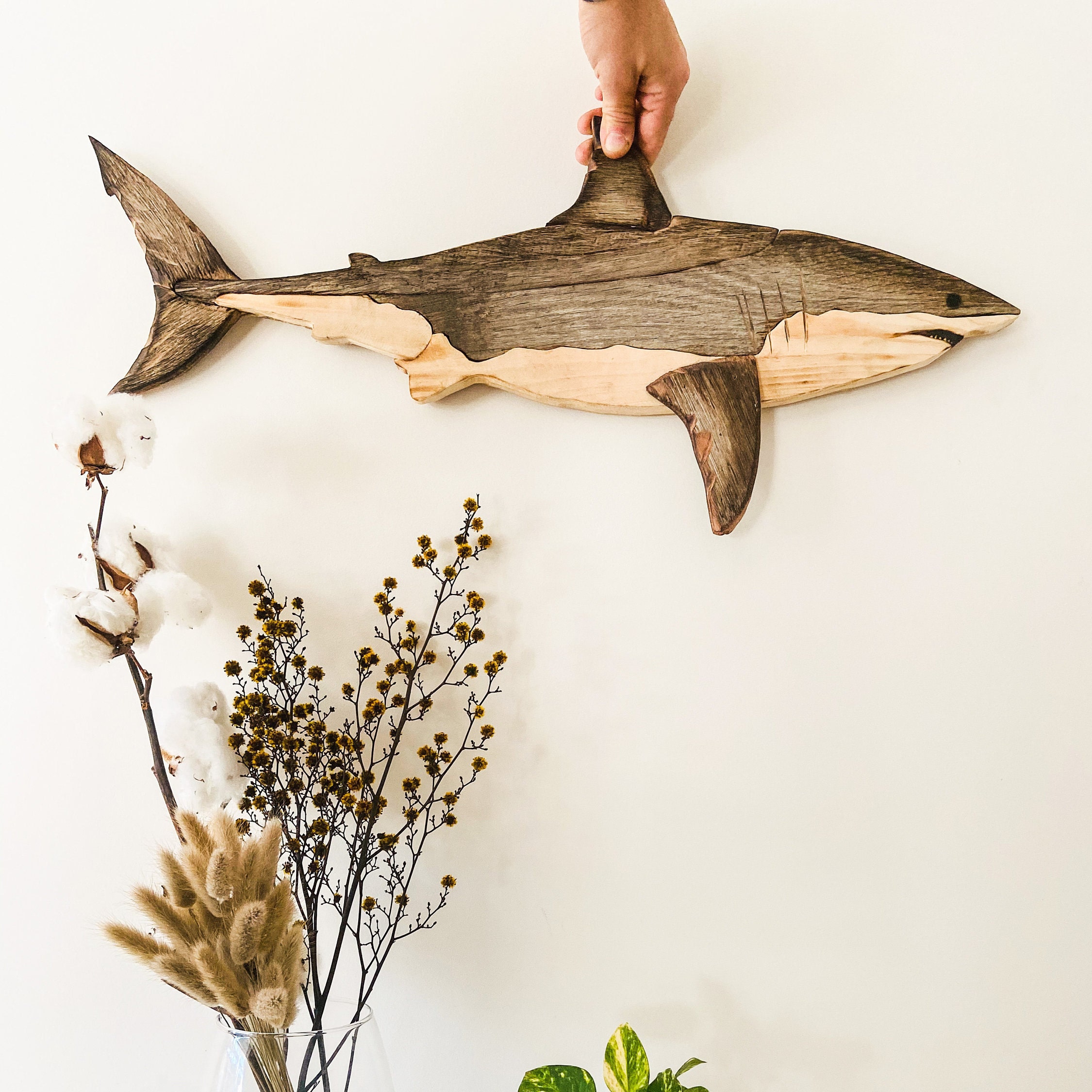 Art Du Bois/Bois Récupéré Requin Blanc Art Mural en Décoration Recyclé Intérieure de L'océan Cadeau
