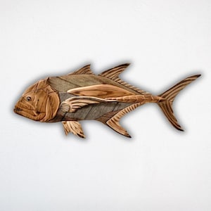 Handcrafted Wooden Giant Trevally Sculpture | Reclaimed Wood Ocean Decor | Eco-Friendly Handmade Wall Art | Unique Home Sculpture