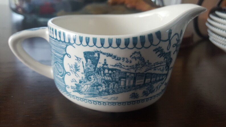 Royal China blue and white Currier and Ives creamer steam engine train