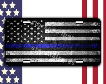 Custom License Plate Front Car Tag Personalized with Custom Text Aluminum or Plastic Thin Blue Line US Flag Law Enforcement Old