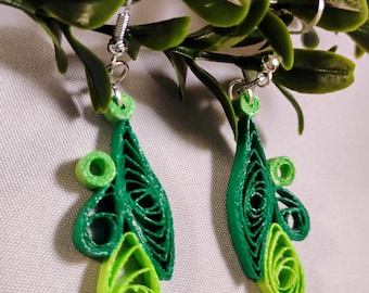 Shades of Green Paper Quilled Earrings, Hypoallergenic Posts, Handmade Paper Earrings, Dangle Earrings, First Anniversary Gift