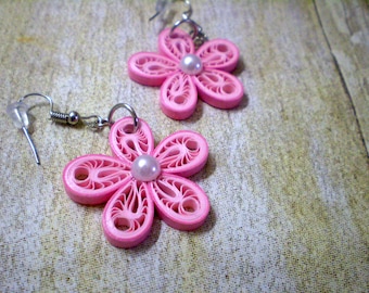 Pink Flower Quilled Dangly Earrings, Handmade Paper Earrings, Dangle Earrings for Women, Flower Earrings Dangle