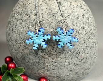 Hand Painted Blue Marbled Lightweight Snowflake Dangly Earrings