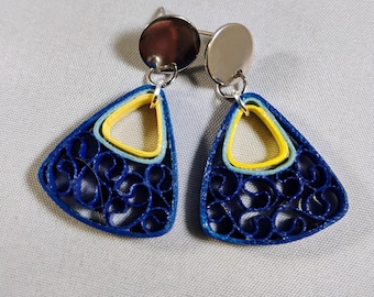 Blue and Yellow Honeycomb Quilled Statement Earrings, Hypoallergenic Posts, Handmade Paper Earrings, Dangly Earrings, First Anniversary Gift