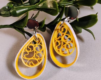 Yellow & White Honeycomb Style Statement Earrings, Hypoallergenic Posts, Handmade Paper Earrings, Dangle Earrings, First Anniversary Gift
