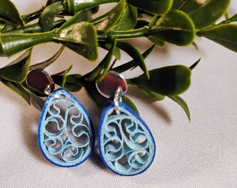 Blue Honeycomb Style Quilled Statement Earrings, Hypoallergenic Posts, Handmade Paper Earrings, Dangly Earrings, First Anniversary Gift