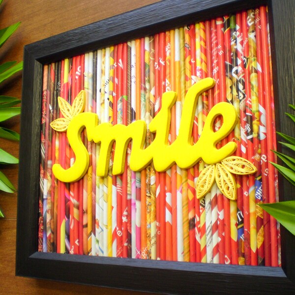 Smile Wall Art Decor, Recycled Magazine Art, Paper Quilled Wall Artwork, Upcycled Magazine, Housewarming Gift, Mixed Media Collage