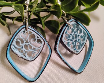 Blue and Black Honeycomb Quilled Statement Earrings, Hypoallergenic Posts, Handmade Paper Earrings, Dangly Earrings, First Anniversary