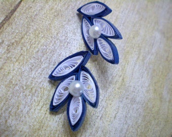 Blue and White Leaf Like Quilled Dangly Earrings, Handmade Paper Earrings, Light Weight Earrings for Women, Flower Earrings Dangle
