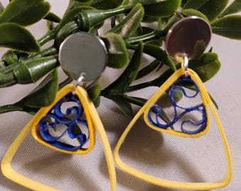 Blue & Yellow Honeycomb Quilled Statement Earrings, Hypoallergenic Posts, Handmade Paper Earrings, Dangle Earrings, First Anniversary Gift