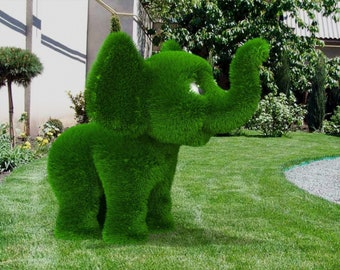 Outdoor Cartoon Baby Elephant Topiary Green Figures covered in Artificial Grass Landscaping Sculpture great for Home, Gardens or Business