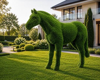 馬のトピアリー等身大 – 人工芝の庭の彫像、大型屋外動物彫刻、庭や