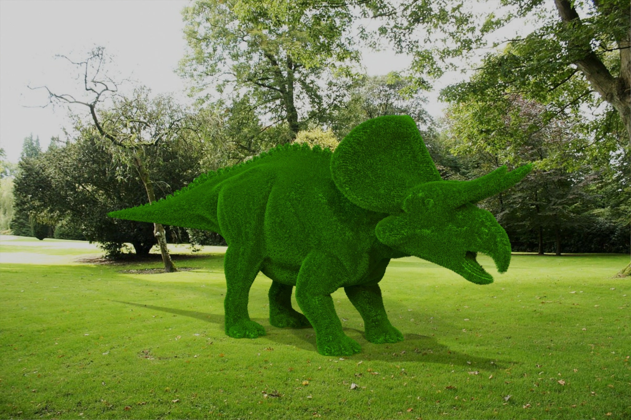 Outdoor Zuniceratops Dinosaur Topiary Green Figures Covered in Artificial Grass great for Home, Gardens or Business