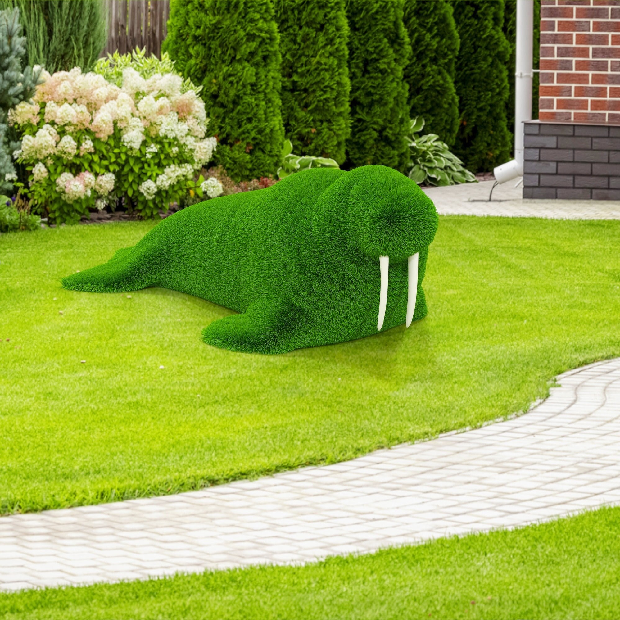 Faux Grass Walrus Topiary: Outdoor Garden and Yard Decoration