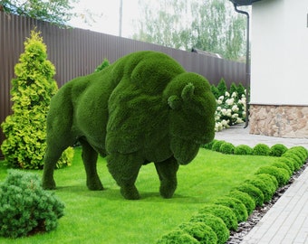 Outdoor Animal Bison Topiary Green Figures Covered in Artificial Grass Landscaping Sculpture great for Home, Gardens or Business